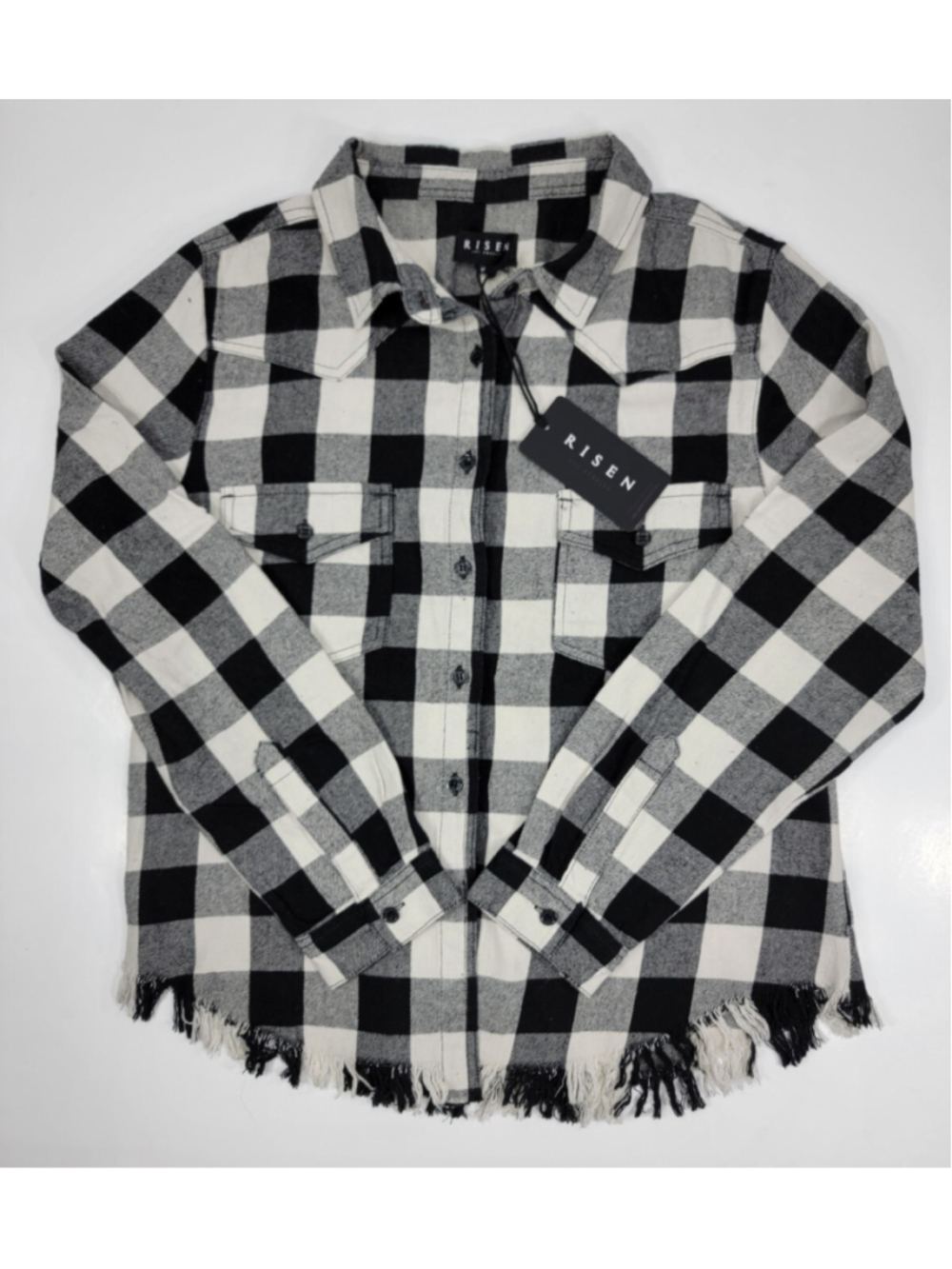NEW Risen Womens Frayed Hem Flannel Shirt Black White Buffalo Plaid Medium M NWT